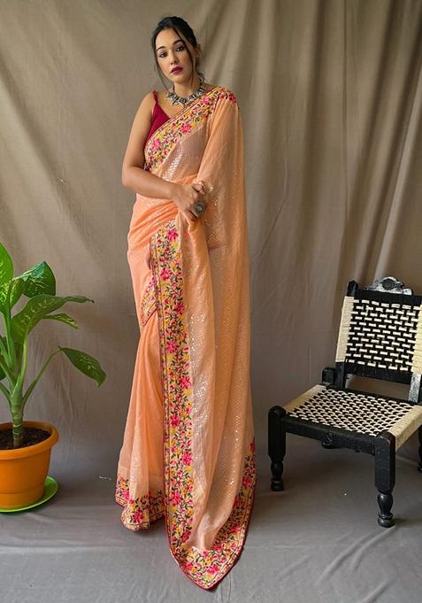 Peach Embroidered Silk Saree Set