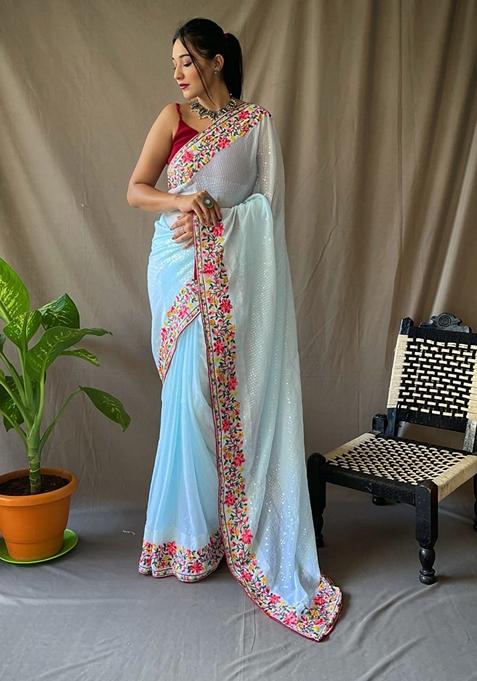 Sky Blue Embroidered Silk Saree Set