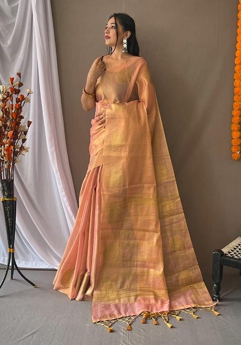 Peach Zari Work Silk Saree Set