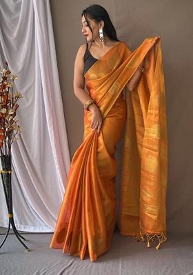 Orange Zari Work Silk Saree Set