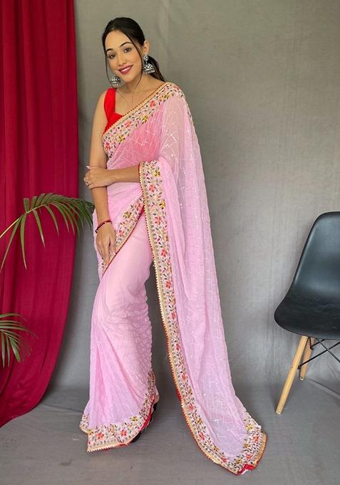 Baby Pink Sequin Embroidered Silk Saree Set