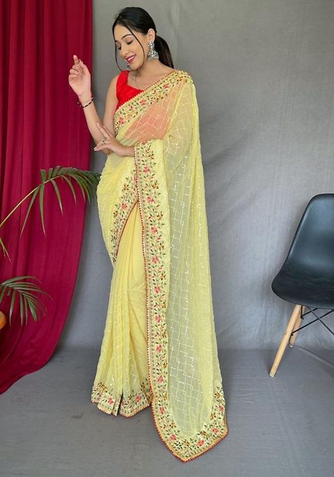 Yellow Sequin Embroidered Silk Saree Set