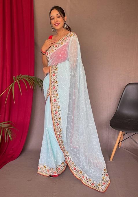 Aqua Blue Sequin Embroidered Silk Saree Set