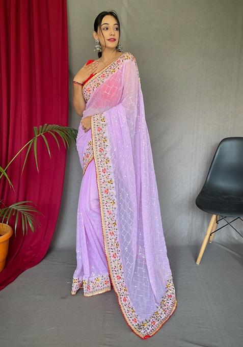 Light Purple Sequin Embroidered Silk Saree Set