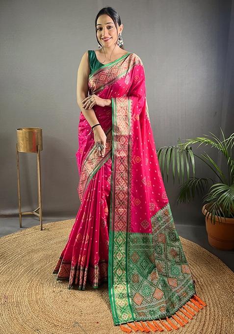 Pink Printed Silk Saree Set