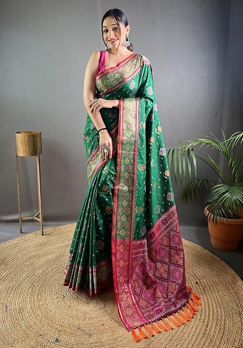 Green Printed Silk Saree Set