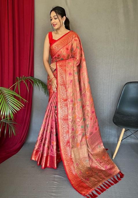 Red Printed Silk Saree Set