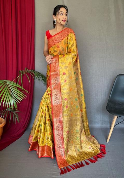 Yellow Printed Silk Saree Set