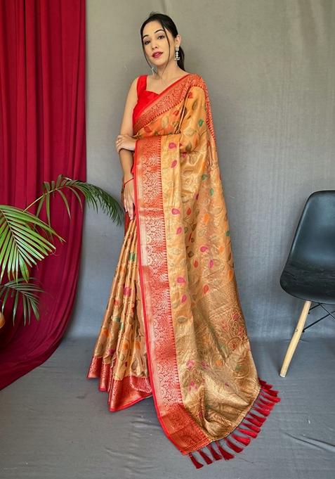 Orange Printed Silk Saree Set