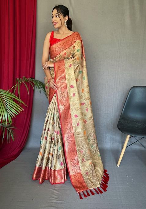 Off White Printed Silk Saree Set