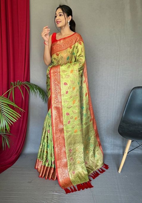 Parrot Green Printed Silk Saree Set