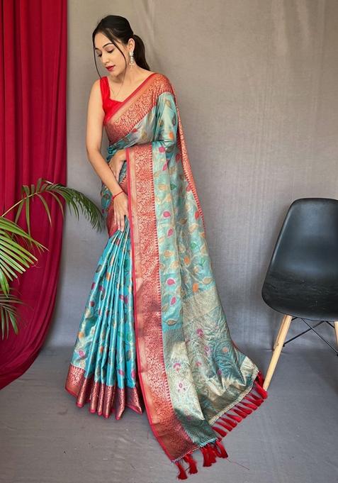 Aqua Blue Printed Silk Saree Set