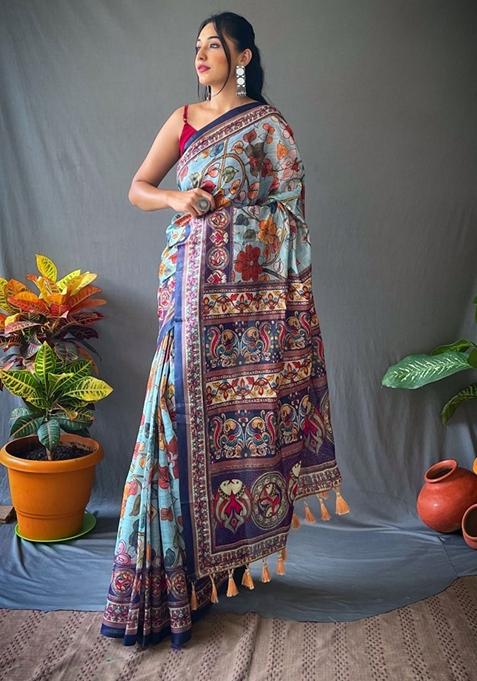 Aqua Blue Printed Cotton Saree Set