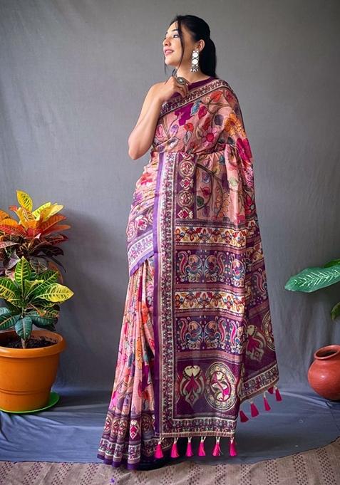 Peach Printed Cotton Saree Set