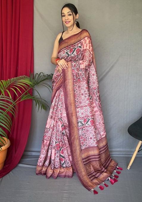 Maroon Printed Cotton Saree Set