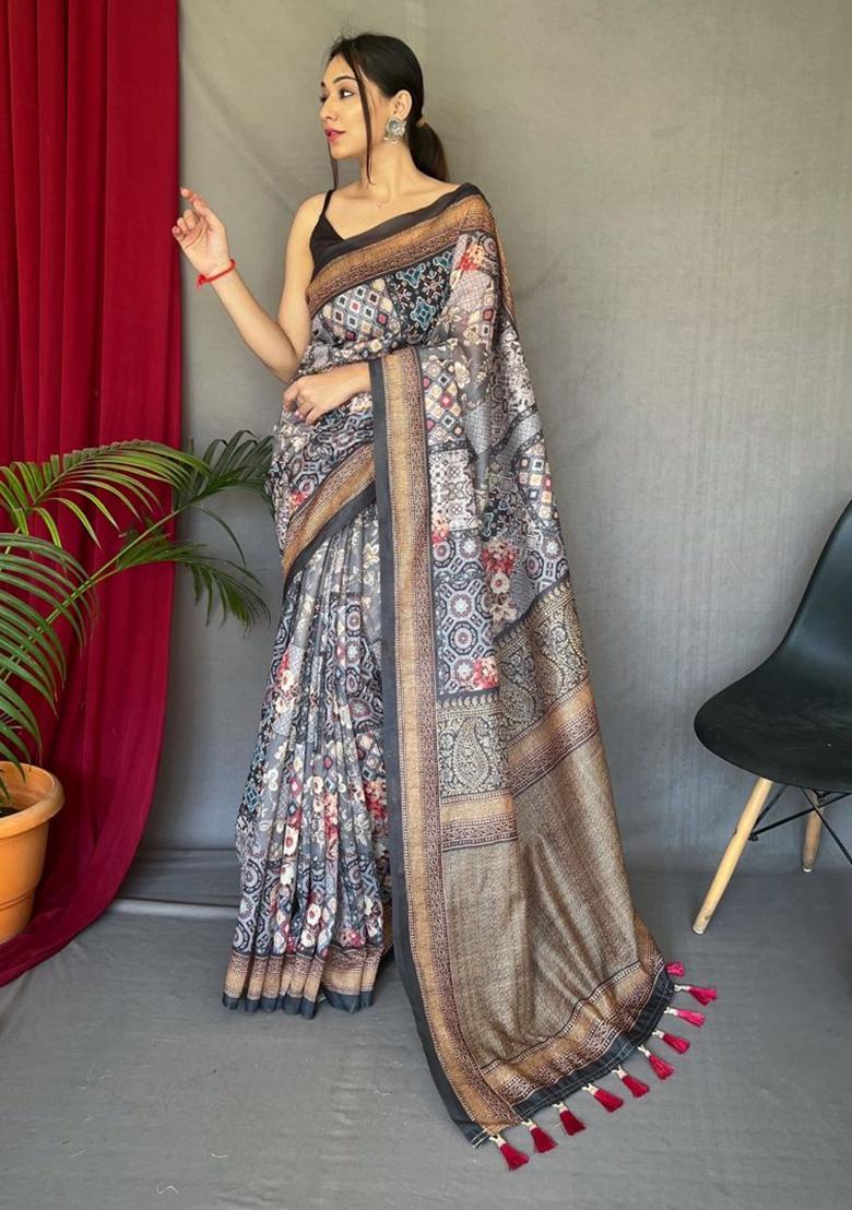 Black Printed Cotton Saree Set - Indya