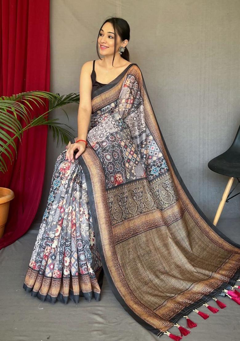 Black Printed Cotton Saree Set - Indya