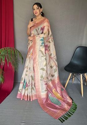 Peach Katha Stitched Silk Saree Set