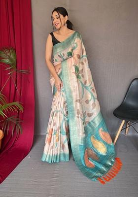 Aqua Blue Kantha Stitched Silk Saree Set