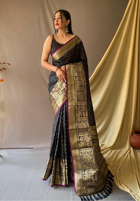 Black Woven Kanjivaram Silk Saree Set