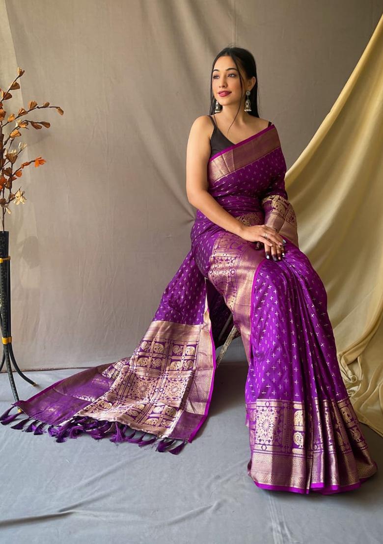 Purple Woven Kanjivaram Silk Saree Set
