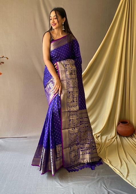 Blue Woven Kanjivaram Silk Saree Set