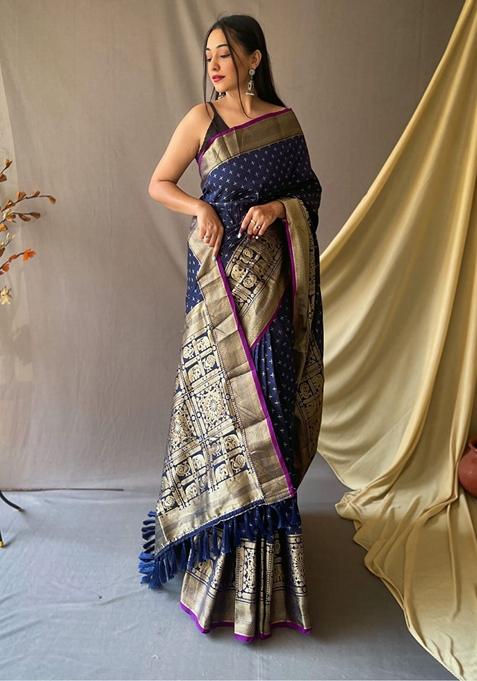 Navy Blue Woven Kanjivaram Silk Saree Set