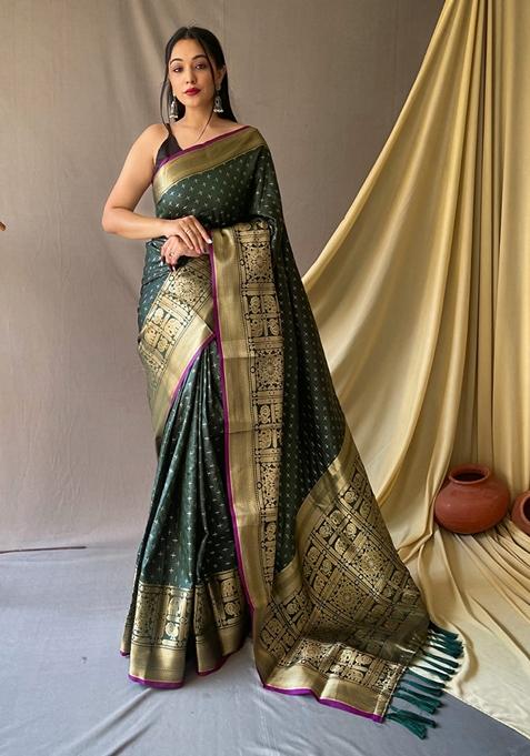 Green Woven Kanjivaram Silk Saree Set