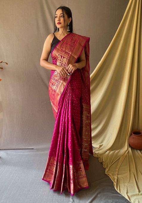 Rani Pink Woven Kanjivaram Silk Saree Set