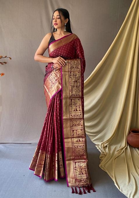 Maroon Woven Kanjivaram Silk Saree Set