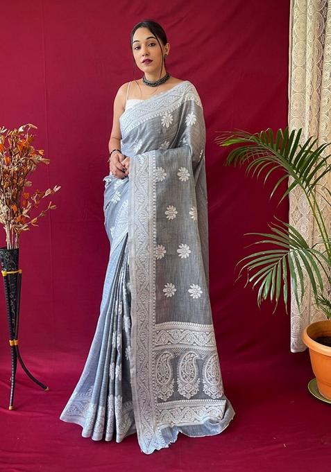 Grey Thread Work Cotton Saree Set