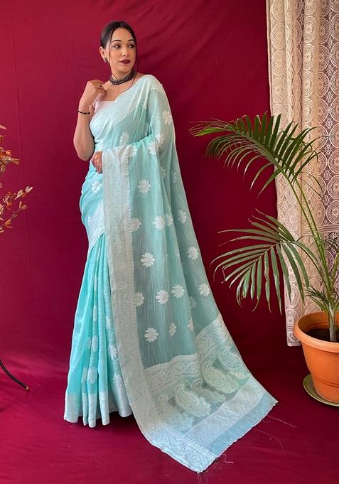 Sea Blue Thread Work Cotton Saree Set