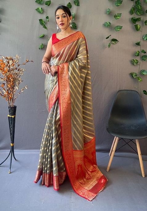 Moiety Grey Woven Organza Saree Set