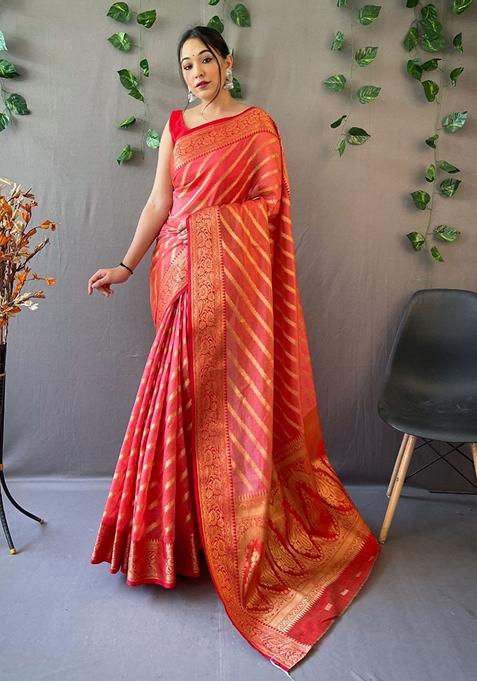 Red Woven Organza Saree Set