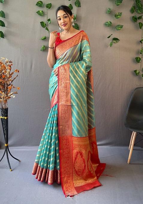 Rama Green Woven Organza Saree Set