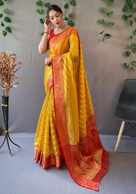 Yellow Woven Organza Saree Set