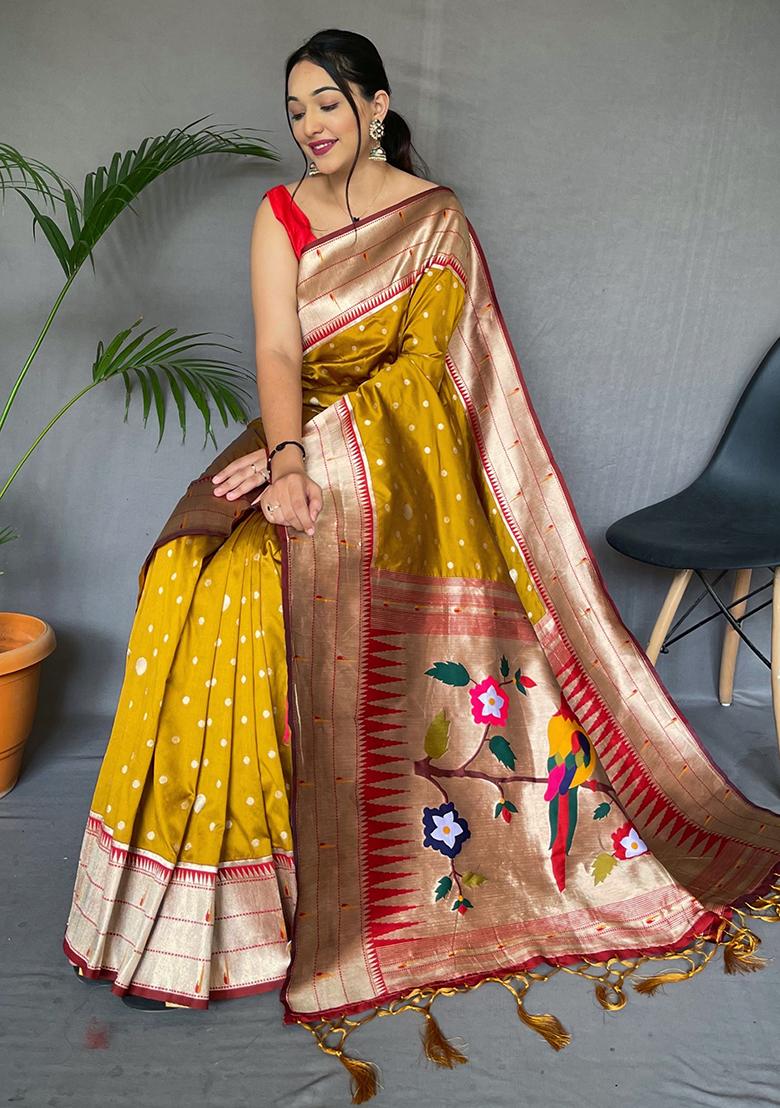 Dark Yellow Printed Paithani Silk Saree Set - Indya