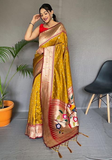 Dark Yellow Printed Paithani Silk Saree Set