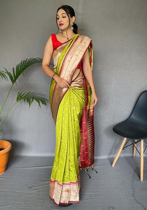 Parrot Green Printed Paithani Silk Saree Set