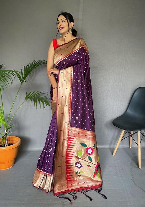 Wine Printed Paithani Silk Saree Set