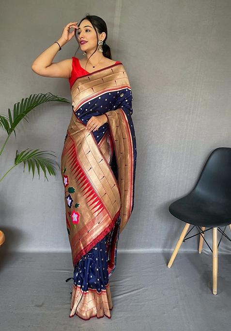 Navy Blue Printed Paithani Silk Saree Set