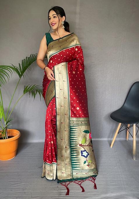 Red Printed Paithani Silk Saree Set