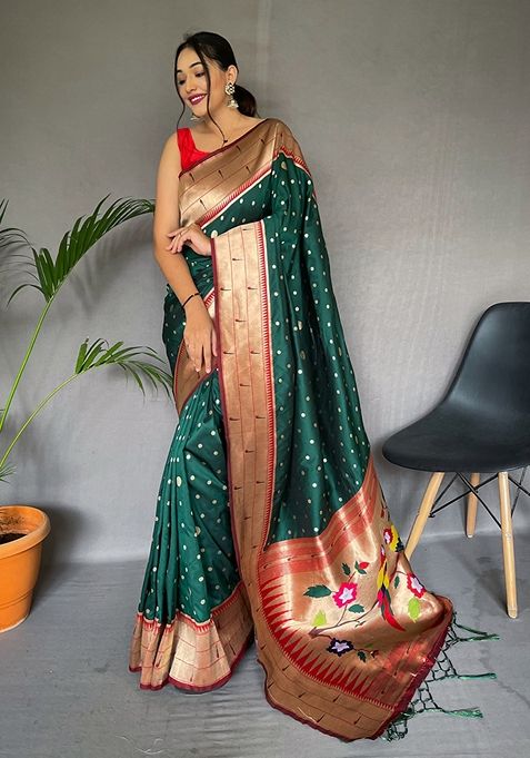 Green Printed Paithani Silk Saree Set