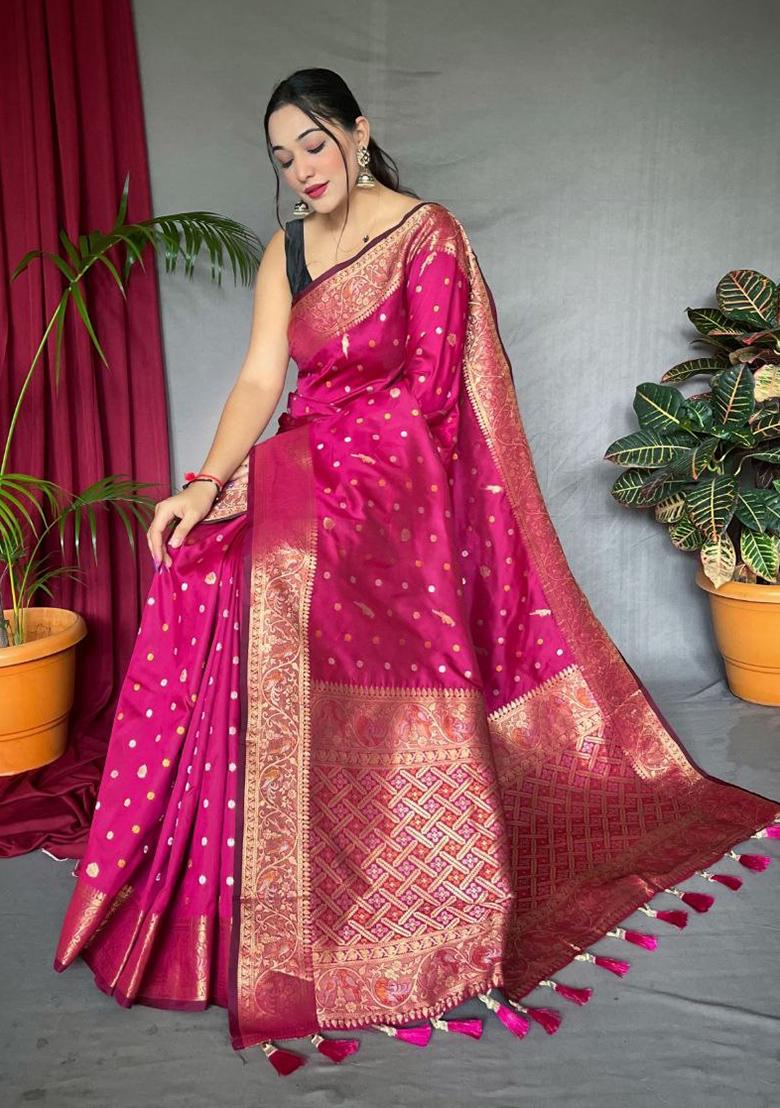 Rani Pink Printed Soft Silk Saree Set