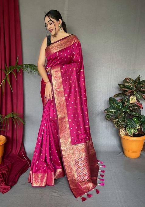 Rani Pink Printed Soft Silk Saree Set