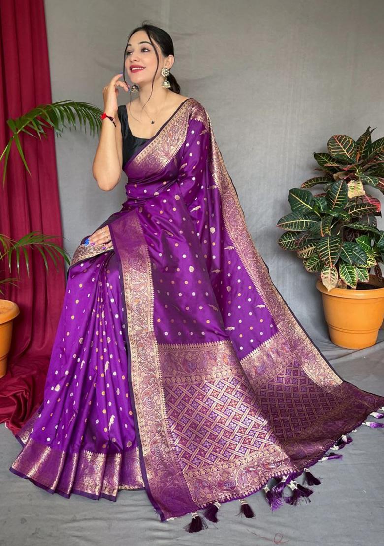 Purple Printed Soft Silk Saree Set
