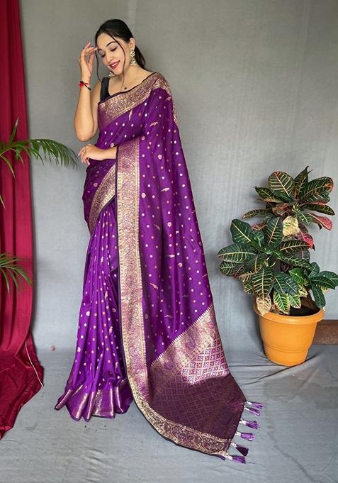 Purple Printed Soft Silk Saree Set