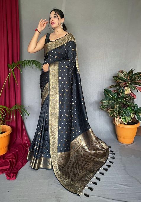 Black Printed Soft Silk Saree Set