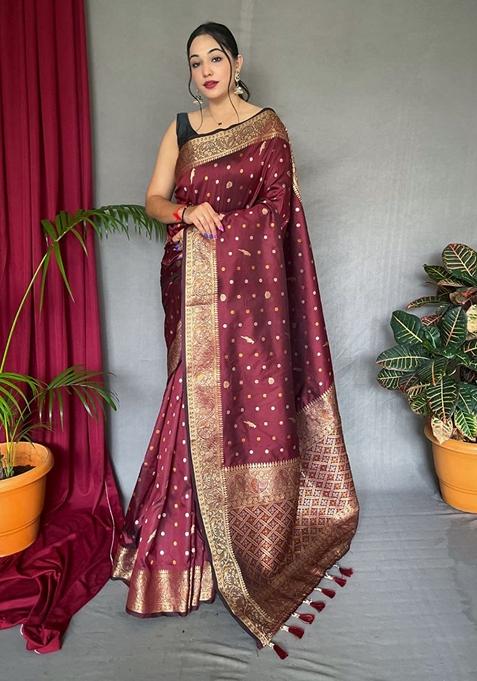 Maroon Printed Soft Silk Saree Set