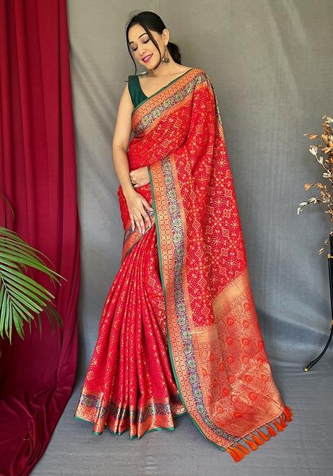 Red Printed Soft Silk Saree Set